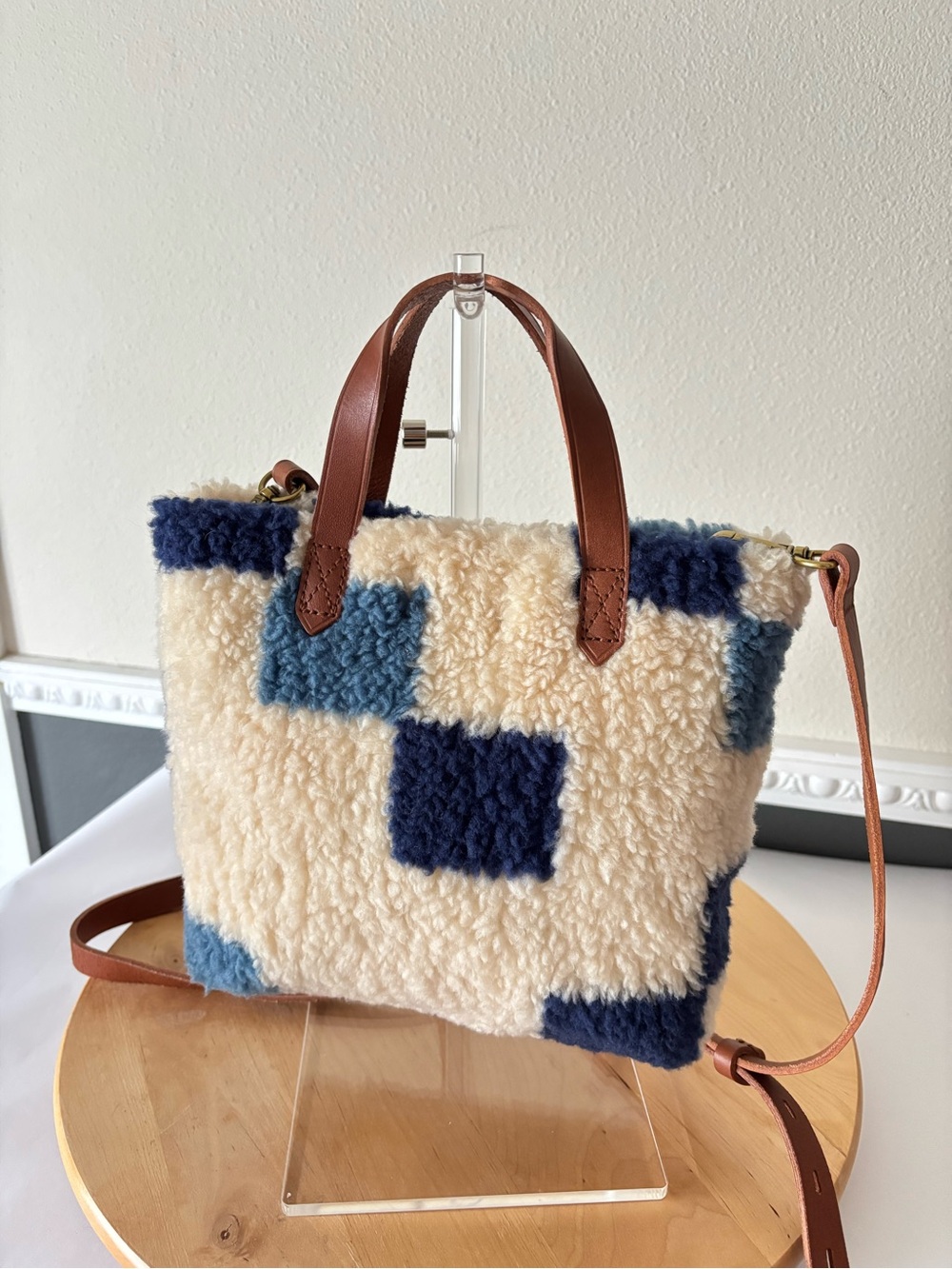 Madewell The Transport Sherpa Mini Blue Cream Patchwork Leather Crossbody Bag